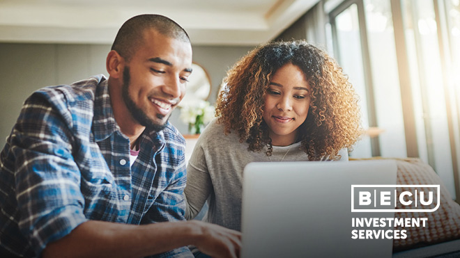 A man and woman looking at a laptop. BECU Investment Services logo.