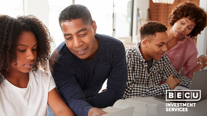 Parents helping their children with schoolwork. BECU Investment Services logo.