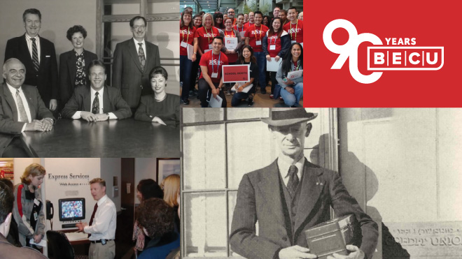 Collage of historical moments from BECU's 90-year history, featuring a 90th anniversary logo with the text "90 Years BECU."