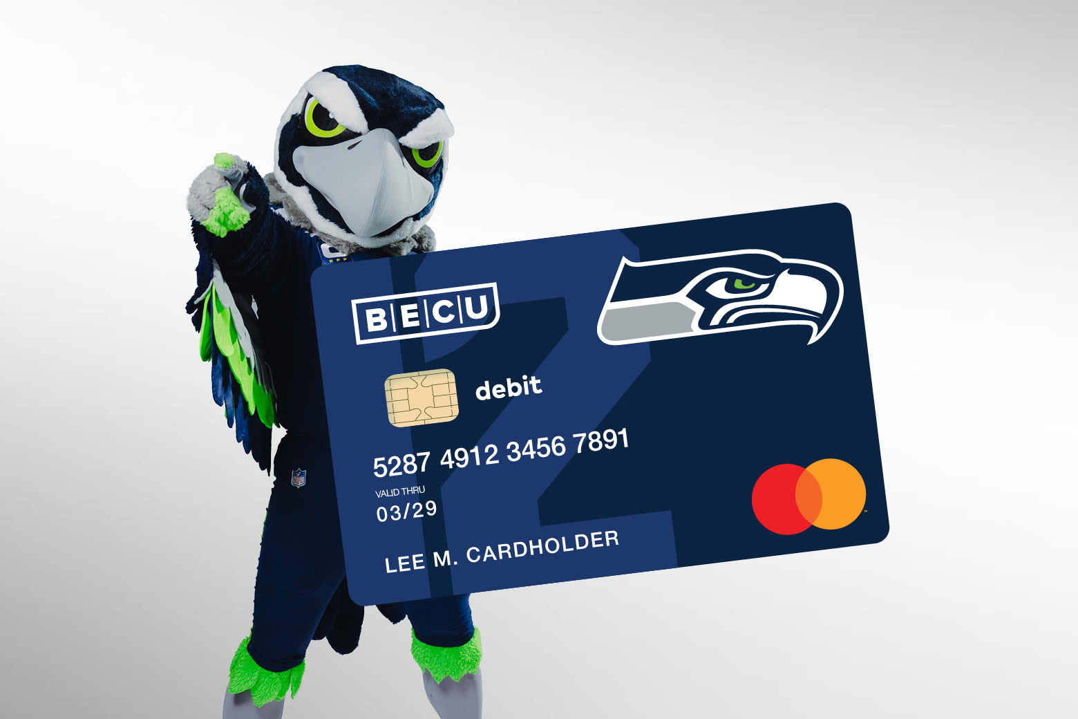 Seahawks mascot with BECU Seahawks debit card