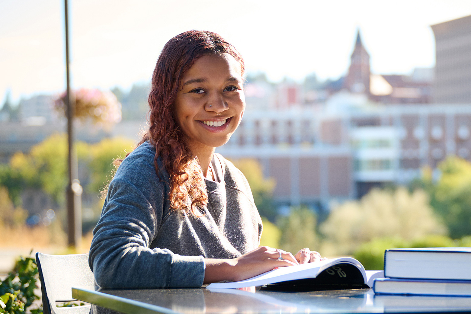 Student studying textbook materials