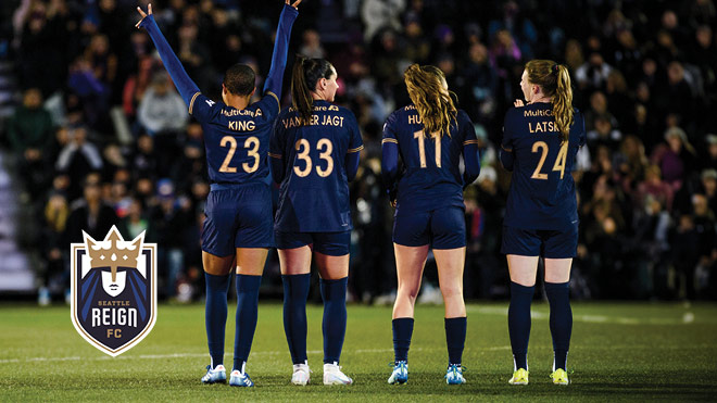 Four Seattle Reign FC players. Seattle Reign FC logo.