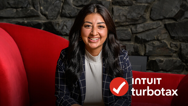 Smiling man wearing a green coat and winter scarf, Intuit TurboTax logo