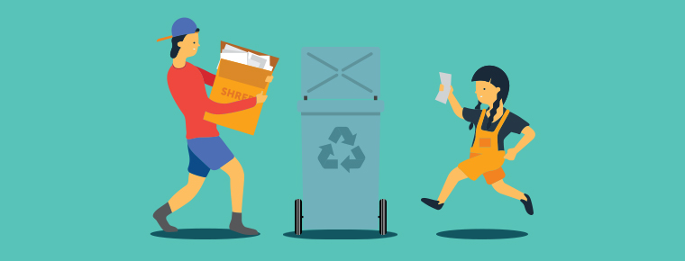 Illustration of people putting documents in a paper shred bin