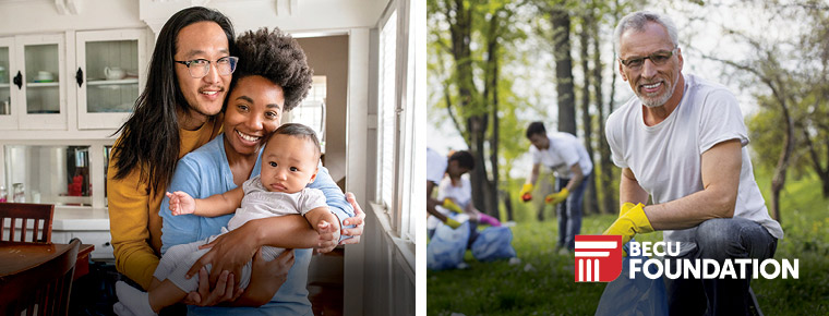[11:05 AM] Amelia Hoffman  Mother and Father hugging a baby. Man working outdoors. BECU Foundation.