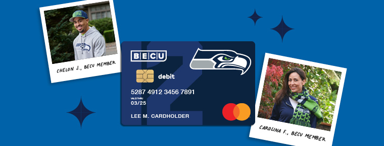 Two photos of a BECU member in Seahawks apparel. The BECU Seahawks debit card.