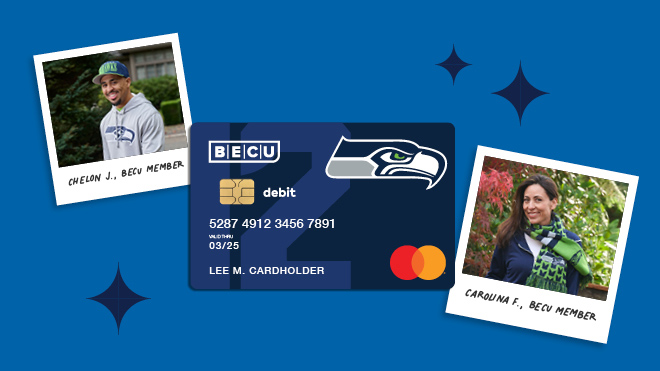 Two photos of a BECU member in Seahawks apparel. The BECU Seahawks debit card.
