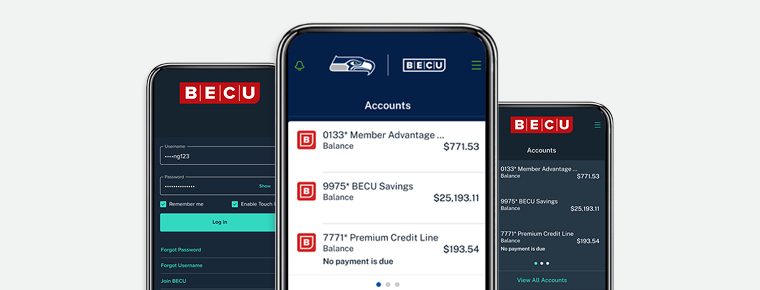 Phones showing the BECU Mobile using the Seahawks and Dark Mode themes.