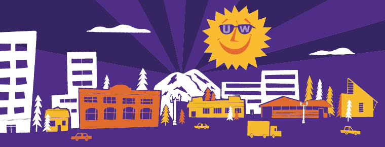 An illustration of the Sun smiling and wearing UW sunglasses while looking over a city.