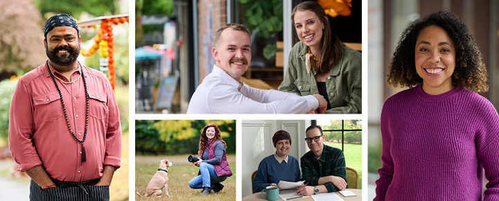 A collage of images of various BECU members in different settings.