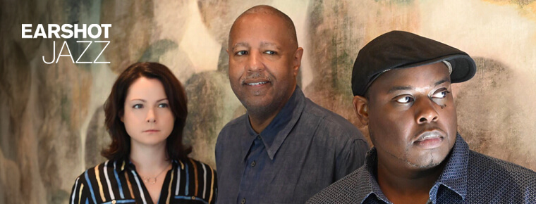 A woman and two men at the Earshot Jazz festival. Earshot Jazz logo.