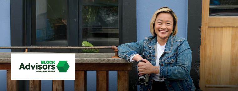 A smiling woman. Block Advisors built by H&R Block logo.