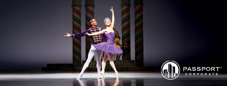 A man and woman performing ballet. Passport Corporate logo.