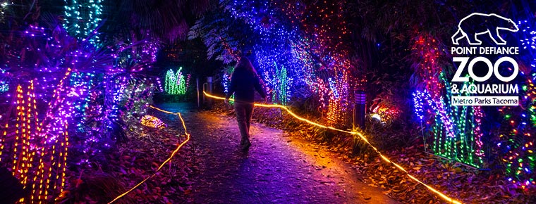 A person walking through the Zoolights displays. Point Defiance Zoo & Aquarium Metro Parks Tacoma logo.
