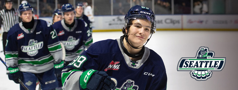 Seattle Thunderbirds players in a game. Seattle Thunderbirds logo.