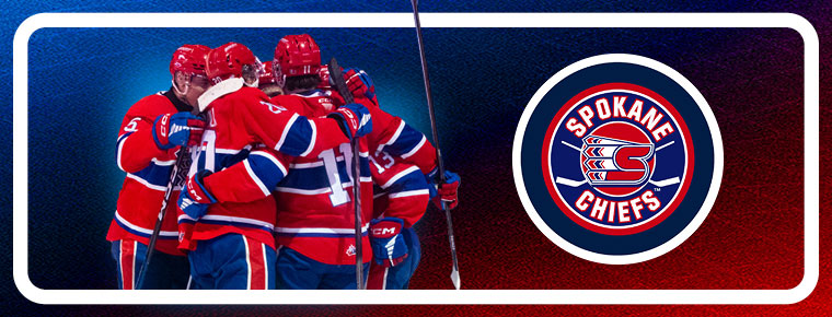 Spokane Chiefs players in a huddle. Spokane Chiefs logo.