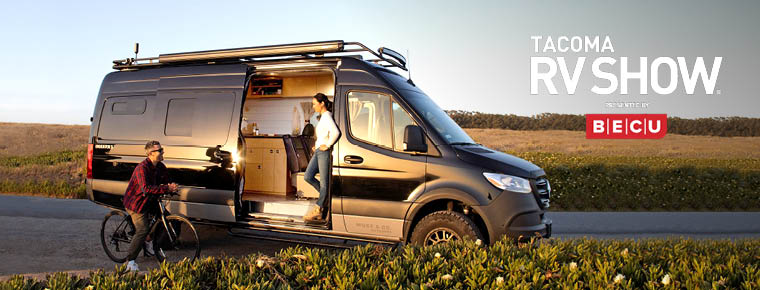 A man and a woman by their RV. Tacoma Fall RV Show logo. Presented by BECU logo.