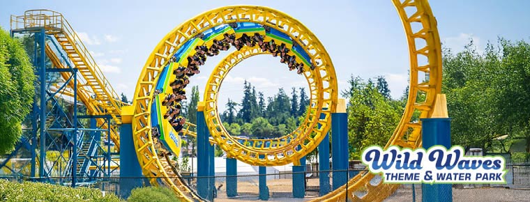 A Wild Waves roller coaster. Wild Waves Theme & Water Park logo.