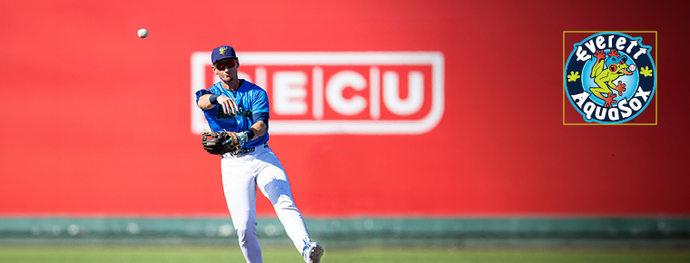 An Everett AquaSox player throwing a baseball. Everett AquaSox logo.
