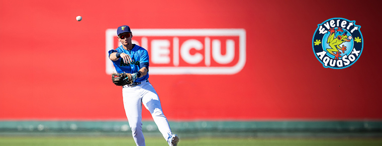 An Everett AquaSox player throwing a baseball. Everett AquaSox logo.