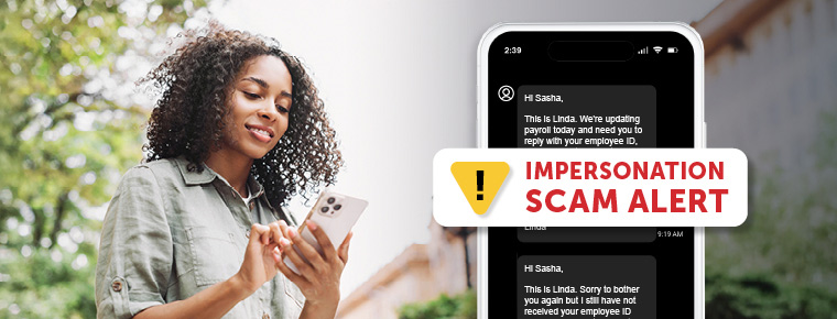 Woman looking at her cell phone and a message that says, Impersonation Scam Alert!
