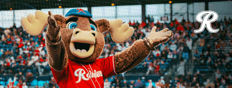 The Tacoma Rainiers mascot gesturing to the crowd. Tacoma Rainiers logo.