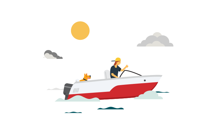 An illustration of a person driving a red motorboat under a bright sun gives a thumbs up. A dog rides in the back of the boat. 