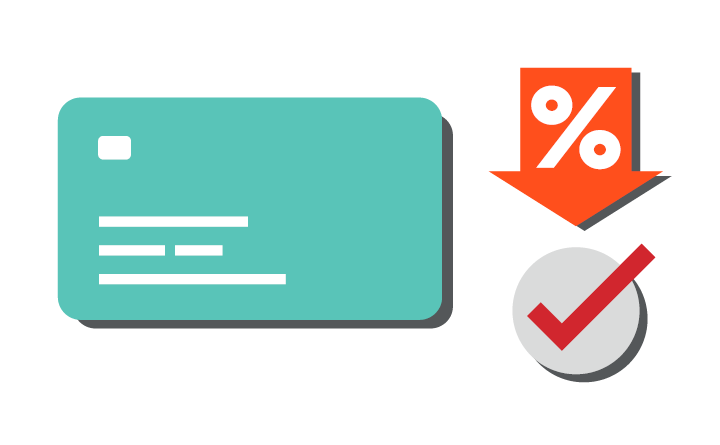 An illustration of a turquoise credit card with red arrow to the right of it labeled "%" and pointing down toward a red checkmark in a circle.