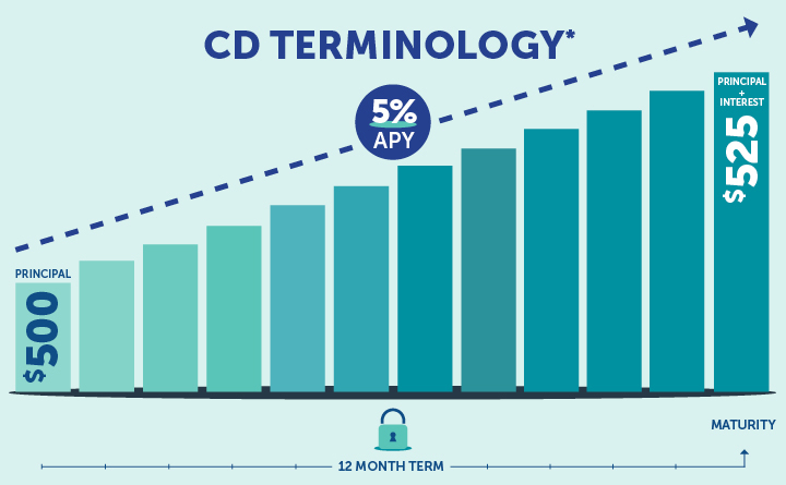 This is an illustration of a labeled diagram that shows a CDs principal, APY, interest, term and maturity. The example shows a $500 principal in a 12-month term earning 5% APY for a total of $25 interest earned at maturity. The title of the illustration is CD Terminology*.