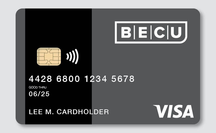 A black BECU Visa credit card against a gray background.