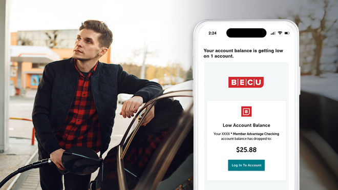 A phone screen shows a BECU low balance alert. In the background, a man is filling his car with gas, suggesting financial strain. 
