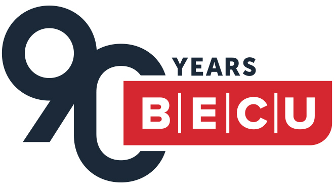 BECU 90th anniversary logo featuring the text '90 Years' in blue and the red BECU logo.