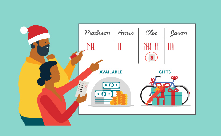This illustration portrays a couple looking at a whiteboard and pointing at it. On the whiteboard are names. The images suggests that they are planning holiday shopping for the names of the people on the board. There are icons that have money assets and gift assets. The man is wearing a Santa hat with a yellow jacket, and the woman is wearing a red sweater.