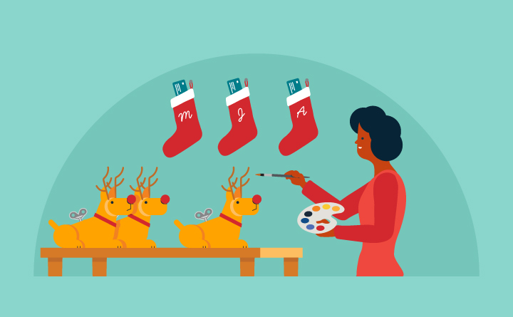 This illustration portrays a woman painting reindeer. Above the paintings are three stockings that have gift cards and small packages in them. She is holding a paint tray.