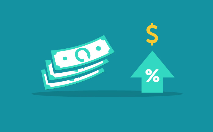 An image of three dollar bills in a stack on the left, with a green arrow to the right. Inside the arrow is a "%" and above the arrow is a yellow dollar sign.
