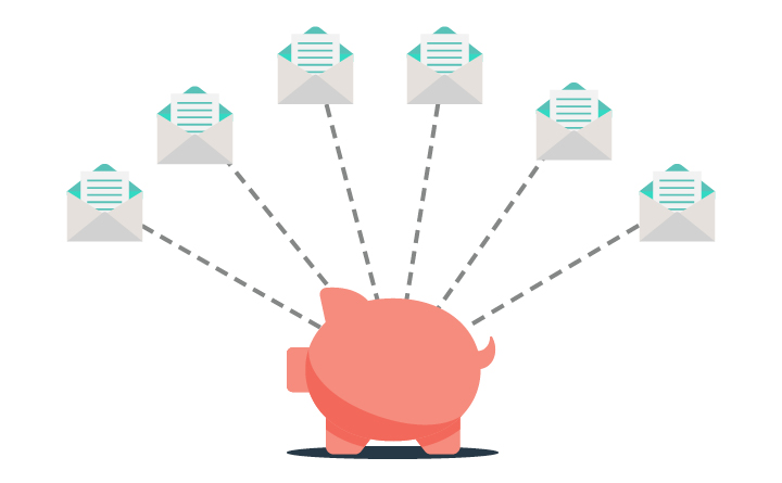An illustration of a pink piggy bank with six bills spread out above it in an arc, with dotted lines connecting them to the piggy bank.