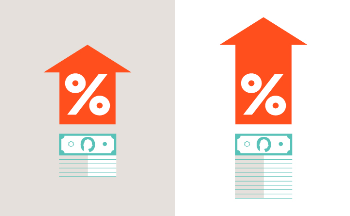 On the left is an illustration of a red arrow with an "%" inside. Below the arrow is a small stack of cash. On the right is an illustration of a slightly longer red arrow with a "%" inside. Below the arrow is a large stack of cash.