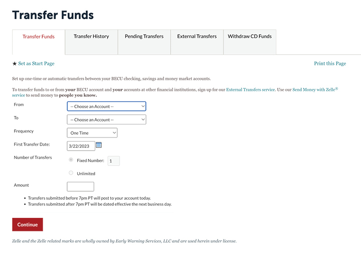 A screengrab of BECU's Transfer Funds page.