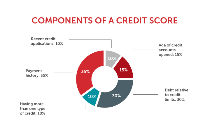 Pie chart titled Components of a Credit Score: 35% payment history, 30% debt relative to credit limits, 15% age of credit accounts opened, 10% recent credit applications, 10% having more than one type of credit