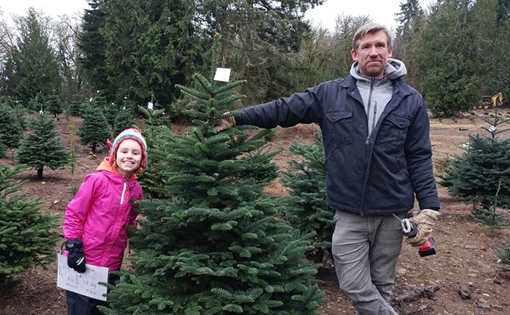 A daughter and father pose next to a Christmas tree on a farm. The young girl is wearing a pink jacket, gloves, and a hat. She is smiling. The dad is holding up the Christmas tree and has a tool in his hand. He is wearing a blue jacket. In the background there are several other Christmas trees on the farm. 