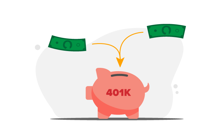 Illustration of money going in to a piggy bank that says "401K"