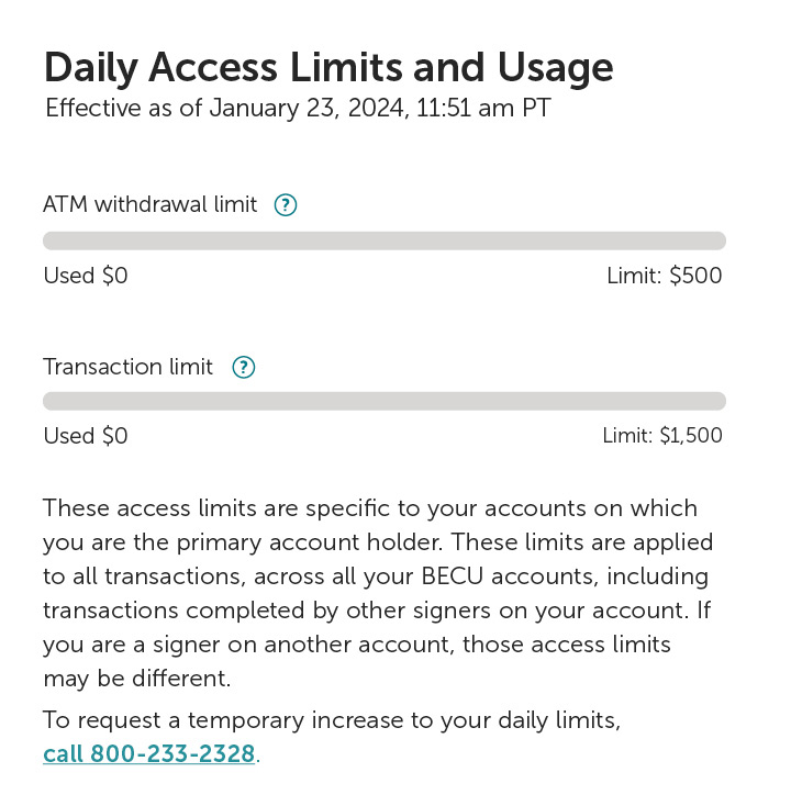 Sample image of ATM and debit daily access limits displayed in Online Banking.