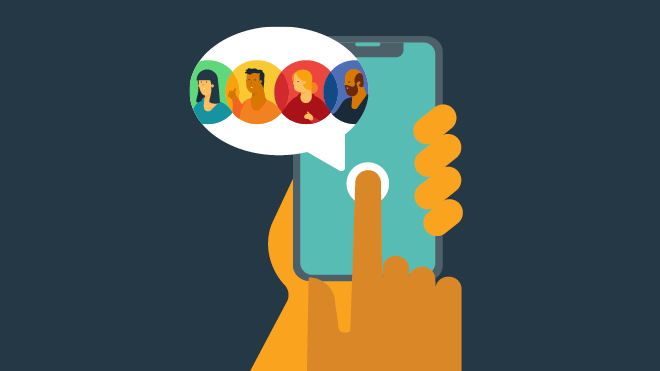 Illustration of a hand pushing a button on a smartphone