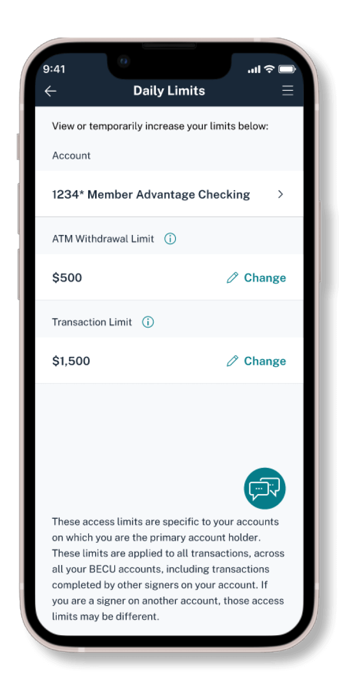 Image shows a phone screen displaying an example of daily limits in the BECU mobile app.